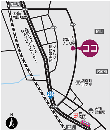長崎市緑町ー飲茶カフェ猪八戒ーアクセスマップ